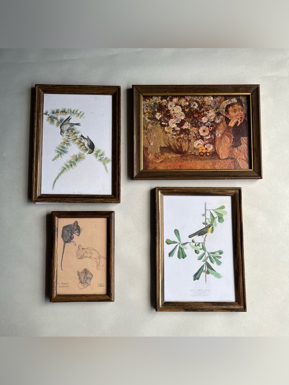 Vintage Metal w/Wood Grain Overlay Photo Frames w/ Fine Art Prints-Set of 4